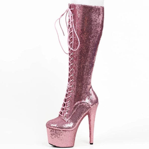 Women Knee-high Boots 17CM High Spike Heel Platform Bling Crystal Ladies Pole Dance Party Dress Boots