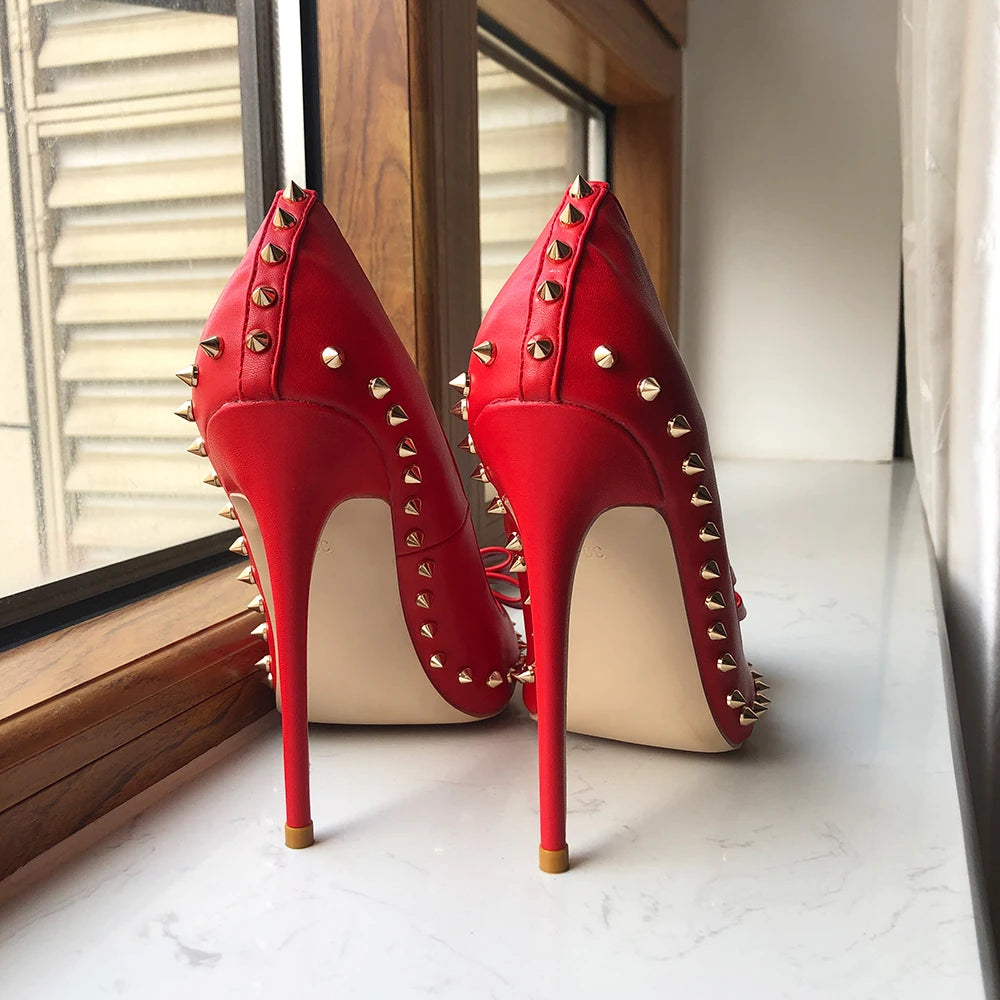 Red Matte Women Pointy Toe High Heel Shoes with Bow Sexy Spikes Rivets Stiletto Pumps