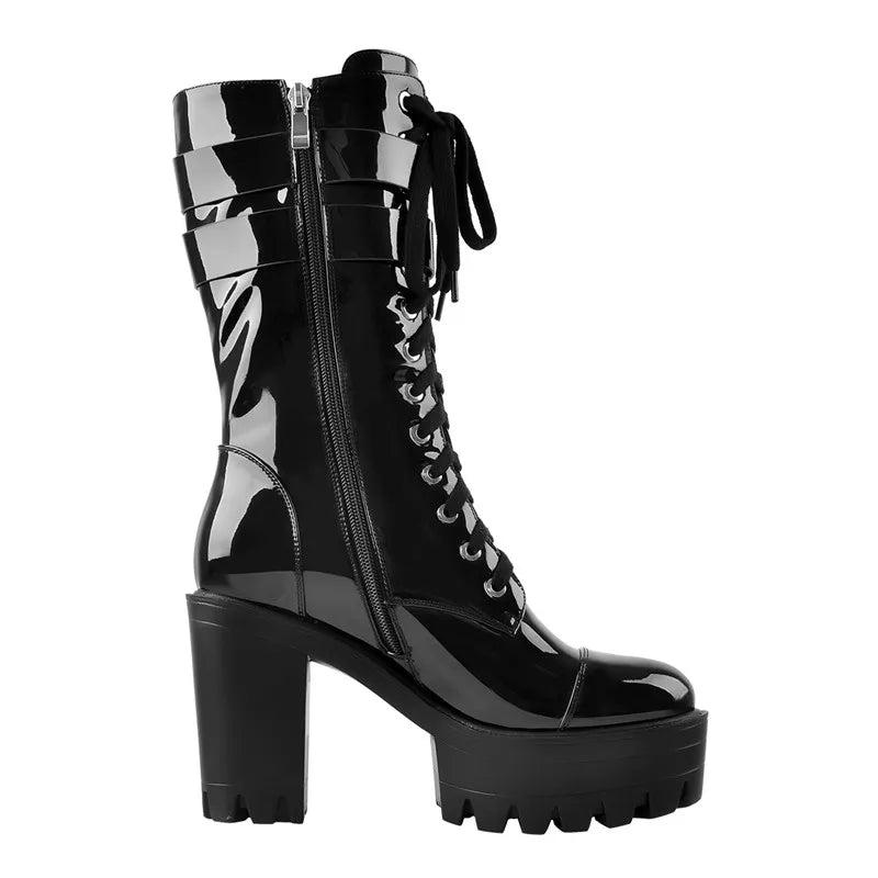 Black Platform Punk Boots Patent Leather Lace Up Mid Calf Chunky High Heels