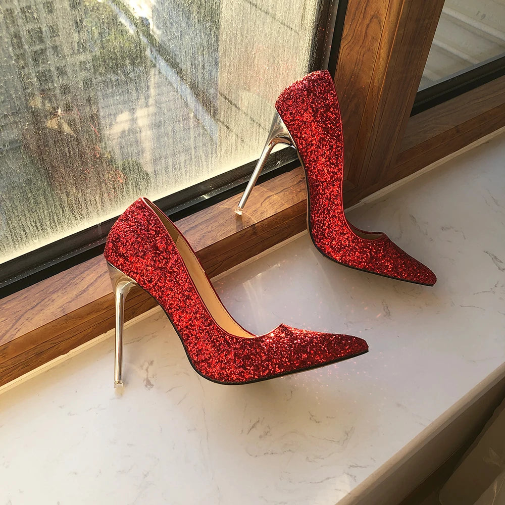 Glitter Red Sequins Women 11cm High Heel Wedding Bridal Shoes