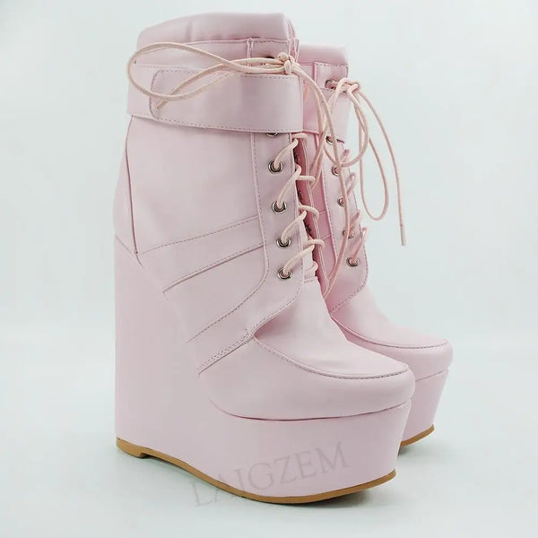 Women Ankle Platform Wedges Boots Faux Leather Pink High Heeled Boots