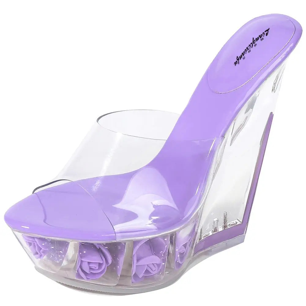 Crystal Slippers 14cm wedges Sandals Flowers Platform shoes woman