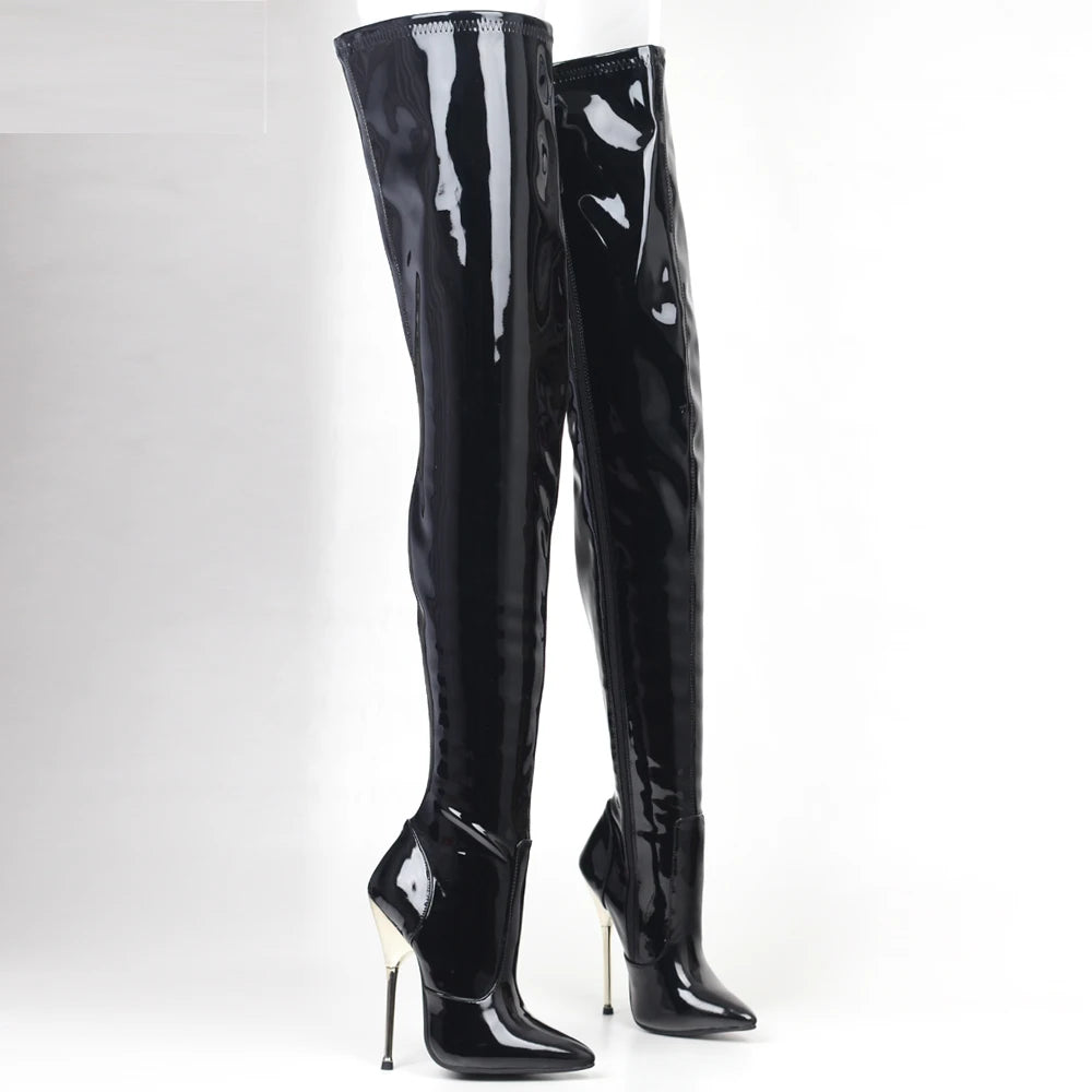 14CM Super High Heel Pointed toe Zip Black Patent Leather Sexy Over-the-Knee Crotch Long Boots
