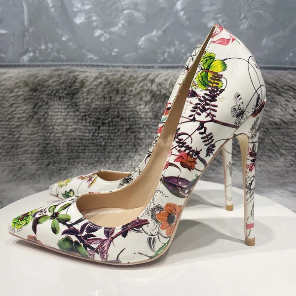 12cm Women's white  graffiti high heels,pointed high heels