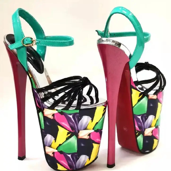 22cm Thin Heels Rhinestone Sandals Female Platform Printed Women's