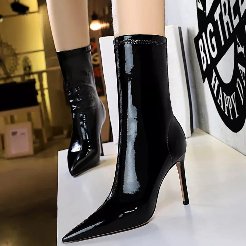 Patent Leather Mid-Calf Boots Women Sexy High-heel Boots Stiletto Women