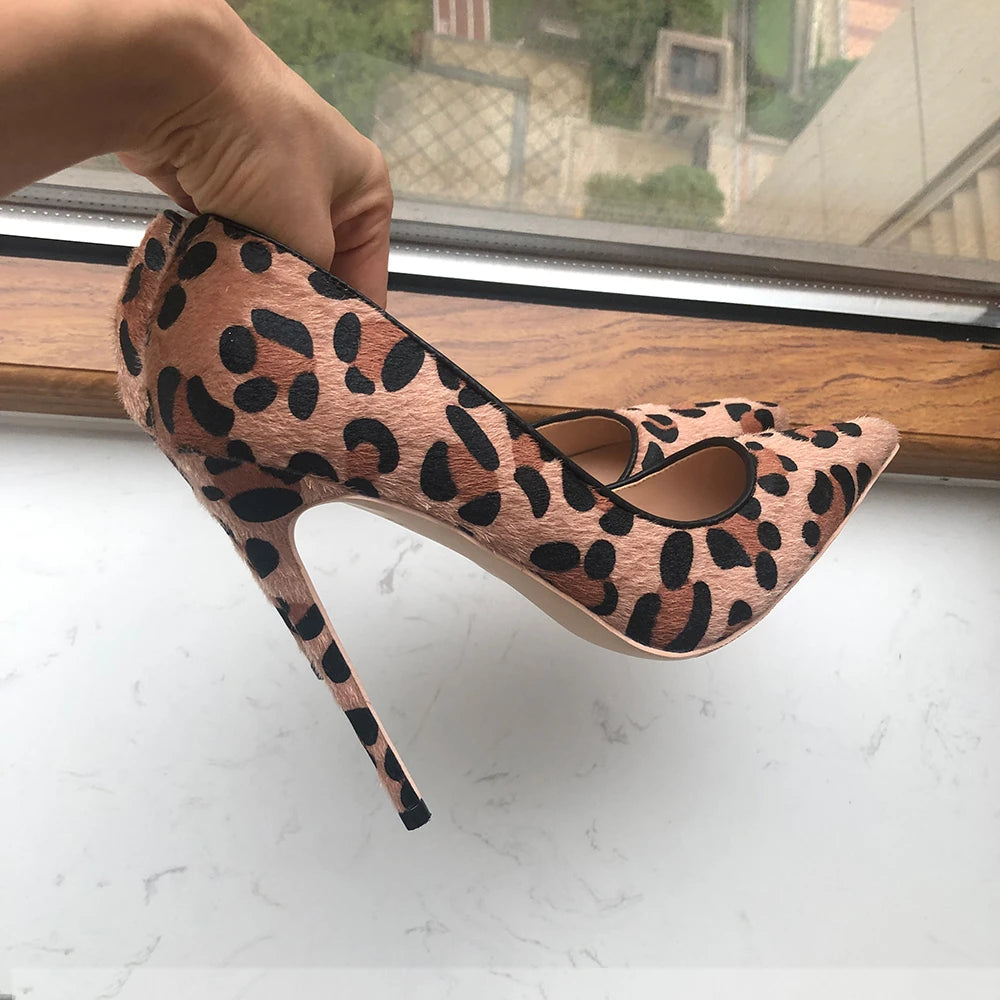 Women Leopard Haircalf Pointy Toe High Heel Party Shoes