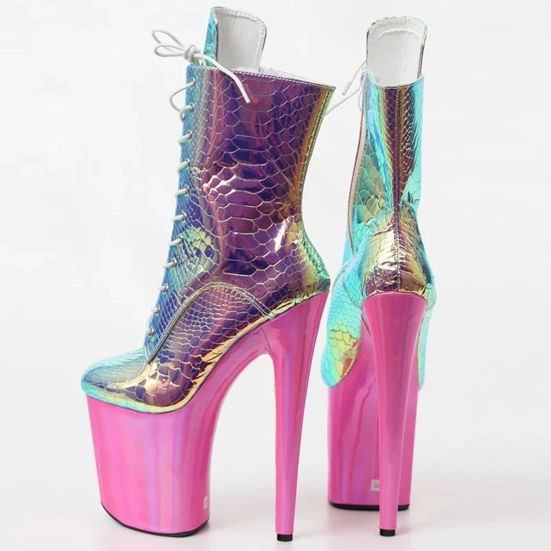 Jialuowei Holographic Ankle Boots 20CM High Heels Platform Snake Pattern Women Stipper Pole Dance Boots