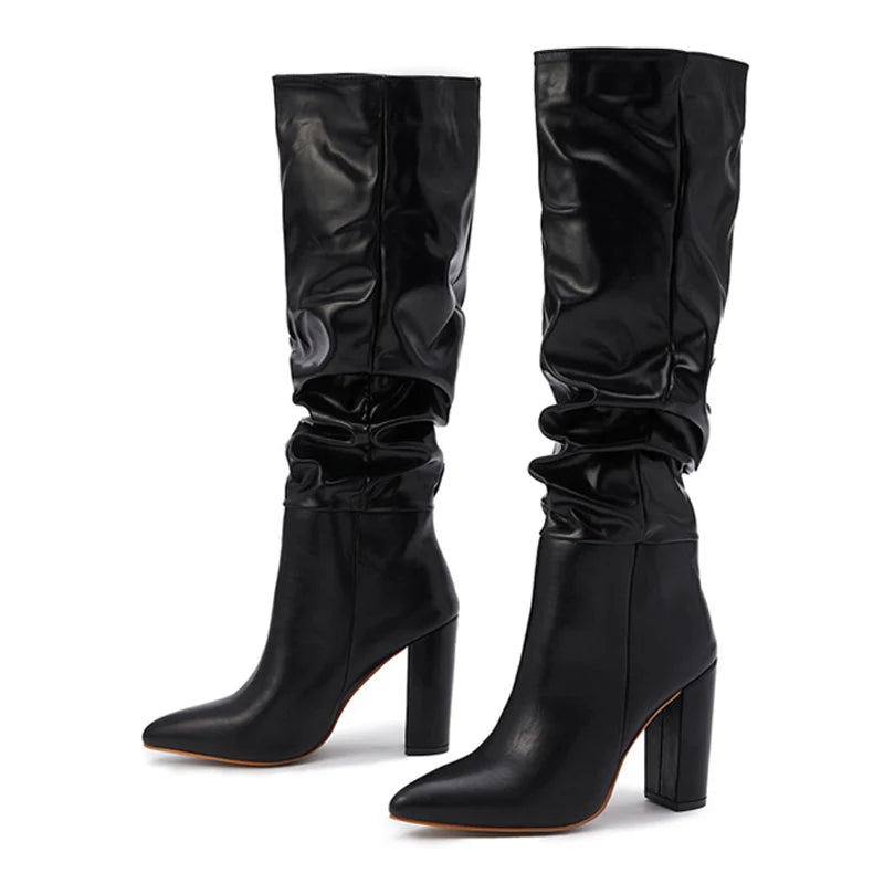 New Black White Knee High Boots Women Fashion Pleated Designer Heels