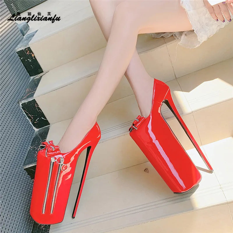 Stiletto Bowtie shoes woman Fetish 30cm Ultra high thin heels 20cm platforms Steel