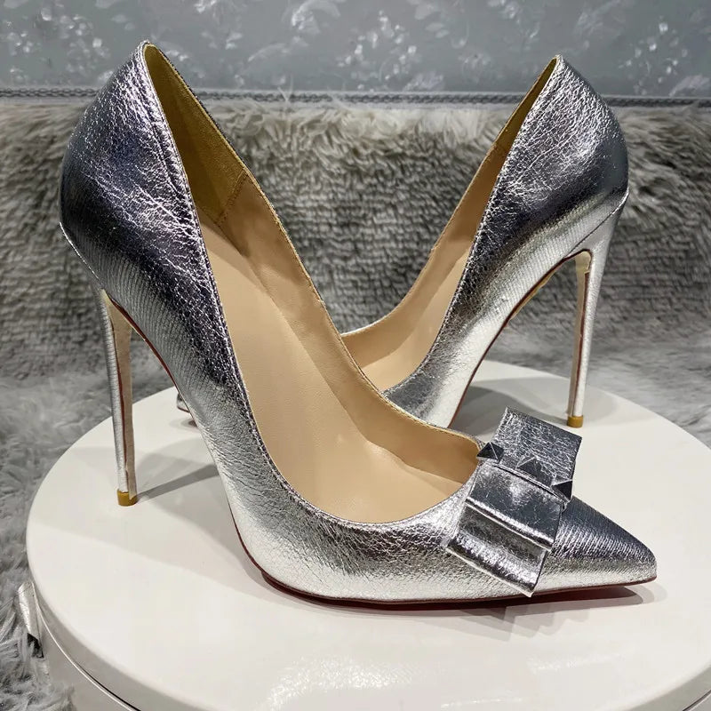 Women's Silver high heels bow, metal pointed high heels