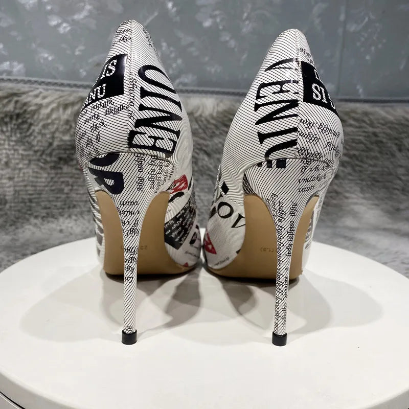 12cm Graffiti high heels Ladies Party Shoes Letters Graffiti High Heels Shoes