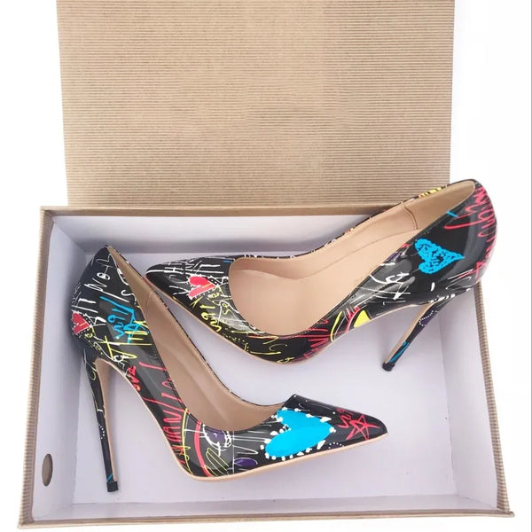 Black high-heeled graffiti shoes