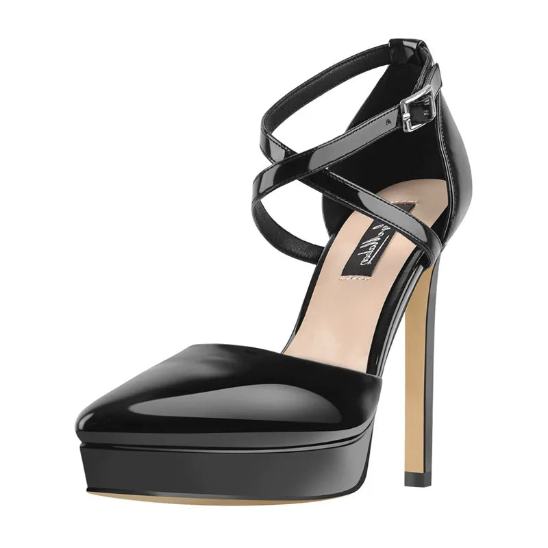 Women Pointed Toe Black Patent Leather Platform   Thin High Heels