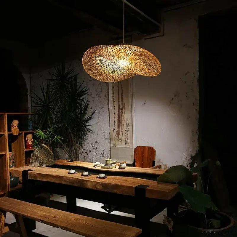 Chinese Handmade Bamboo Suspension Lamp Wicker Rattan Wave Shade Pendant Lamps