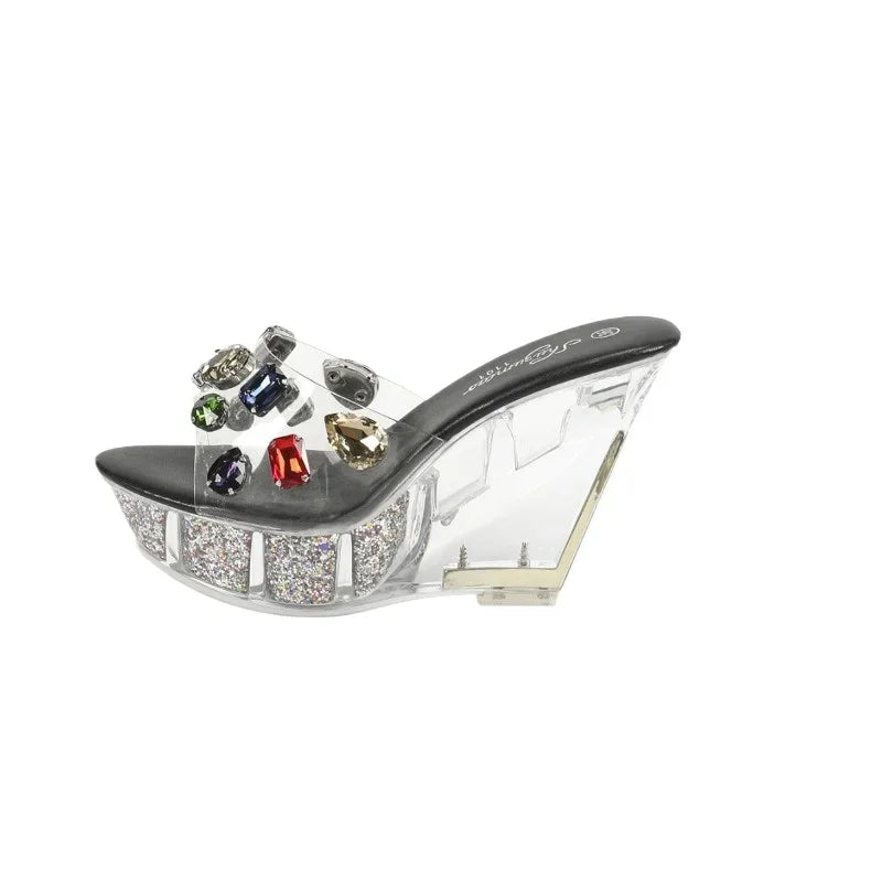 Plus Size Crystal PVC Sandals Gems Wedges Clear Platform Summer Party Shoes