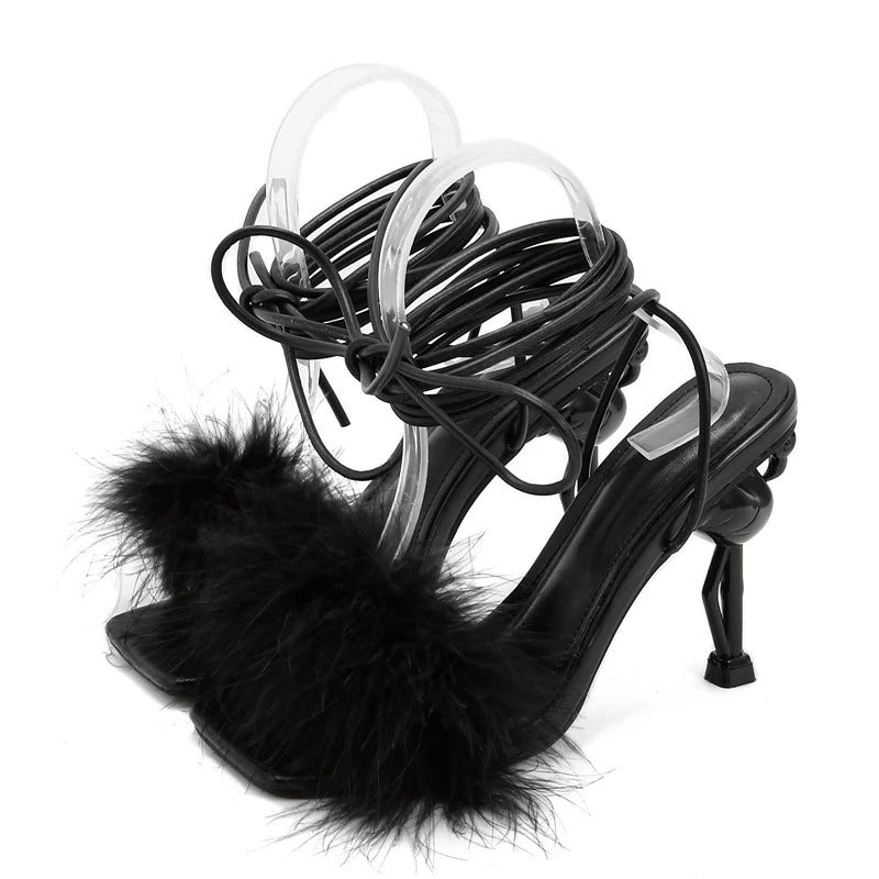 Fashion Fluffy Feather Strange High Heels Sexy Ankle Strap Sandals Women