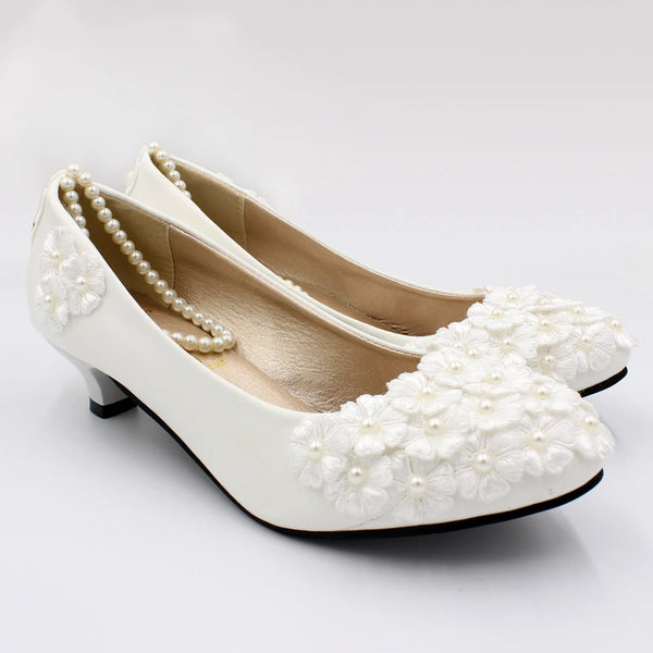 White low heel wedding shoes handmade decals decorated lace shoes