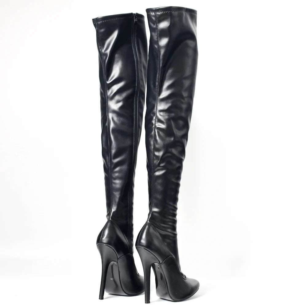 Vintage Winter 14CM High Thin Heel Poined-Toe Elastic Pu Leather Over-The-Knee Thigh Long Boots