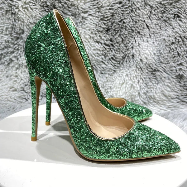 Green Glitter Sequins Women Sexy Pointed Toe Stiletto Pumps