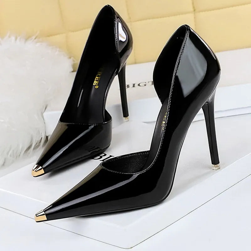 Patent Leather Shoes Women Pumps Metal Tip High Heels 7 Cm And 10.5 Cm