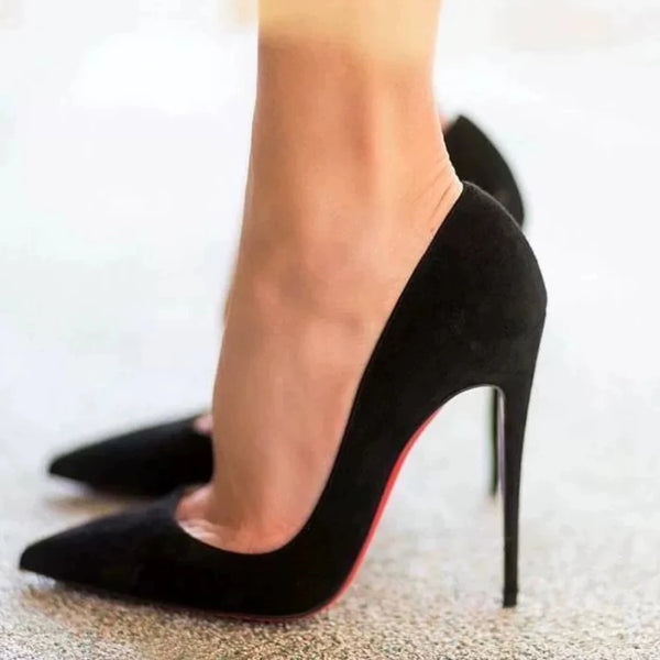 New Arrival 12cm Women Sexy Elegant Pumps Stilettos Flock Black Red inside High Heels