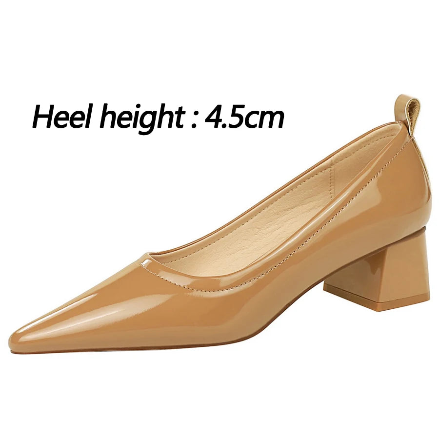 New Mid Heel Shoes Patent Leather Women Pumps Pointed Professional OL Women's Shoes