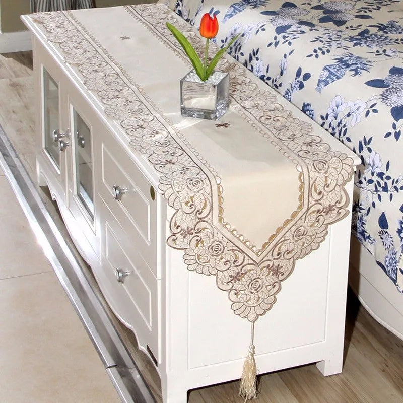 Pastoral Embroidery Hollow Flower Table Runner