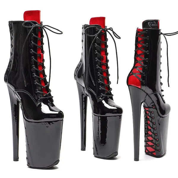 23CM/9inches Patent PU black with red color back lace Pole dance shoes High Heels