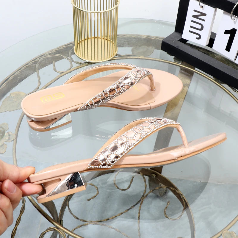 summer wear clip toe low heel rhinestone women's slippers