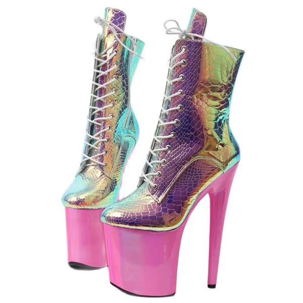 Jialuowei Holographic Ankle Boots 20CM High Heels Platform Snake Pattern Women Stipper Pole Dance Boots