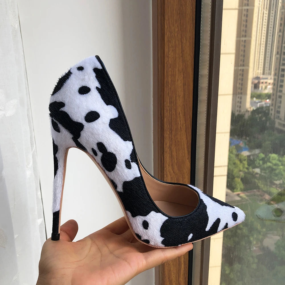 Cow Print Women White Hairy Flock Pointy Toe High Heel Shoes