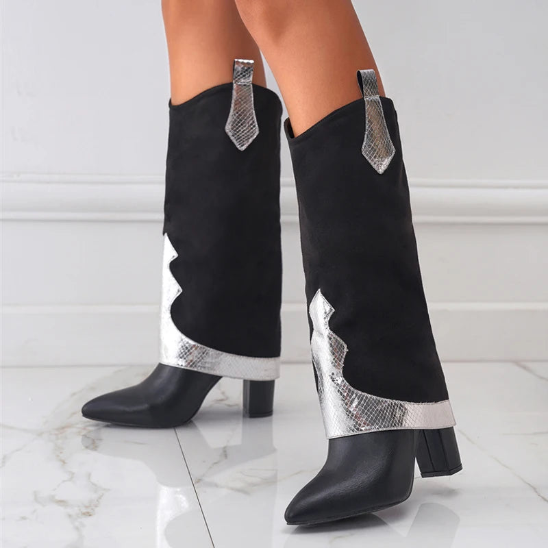 New Design Chunky Heel Pointed Toe Women Long Knee High Boots