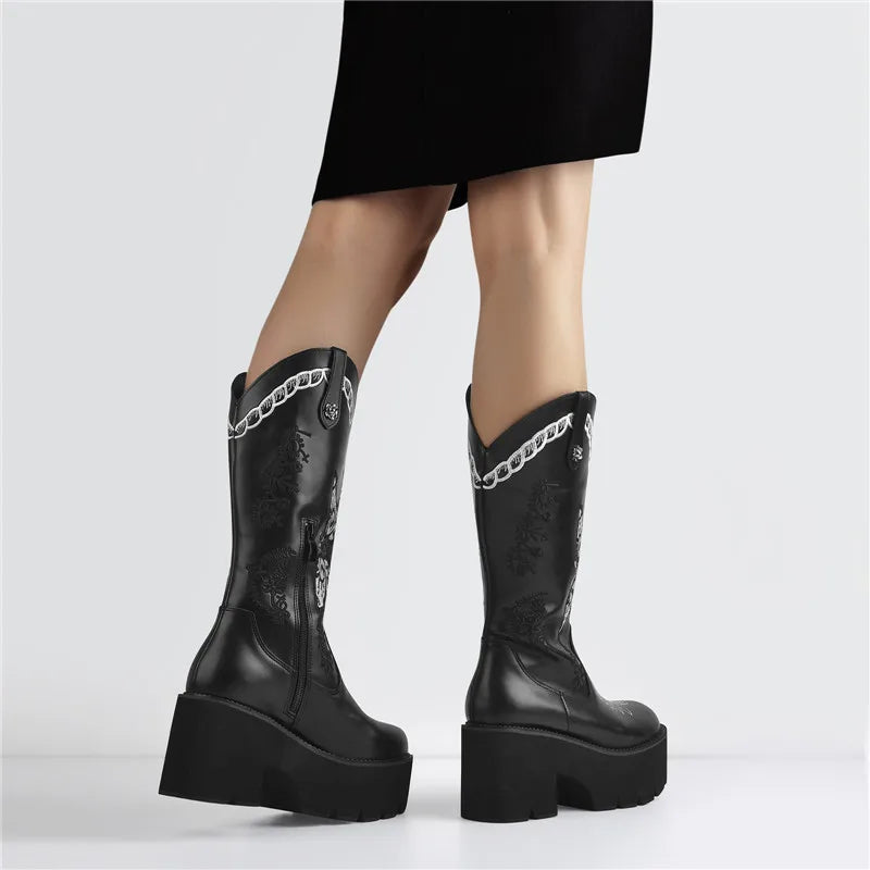 Black Platform Thick Heel Embroidery Western Mid-Calf Boots