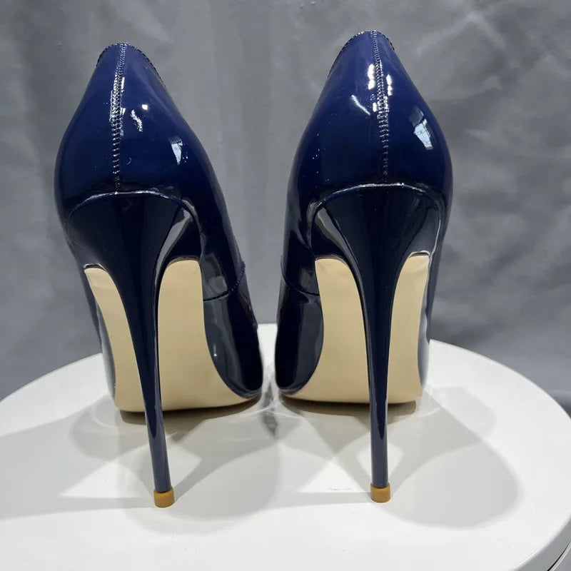 Women Navy Blue Patent Pumps Low Cut Pointy Toe Stilettos