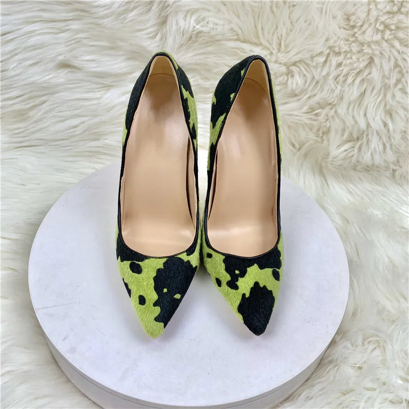 Hairy Grafitti Pattern Women Green Pointy Toe High Heel Shoes