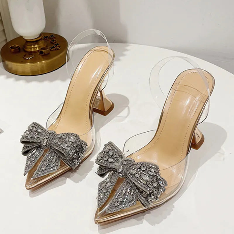 Fashion Crystal Sequined Bowknot Women Pumps Sexy Pointed Toe High Heels