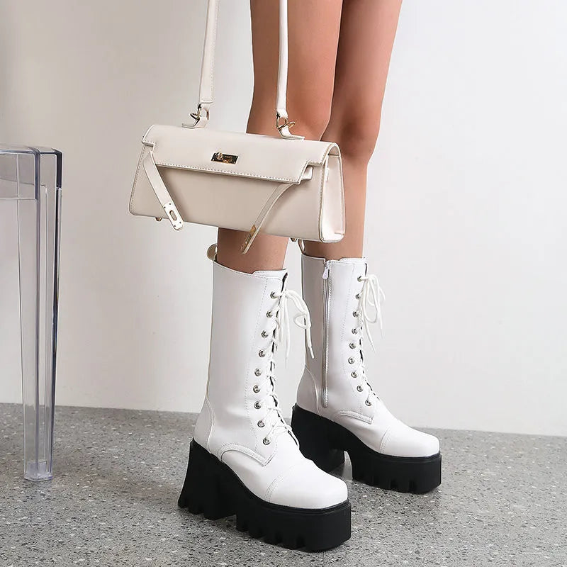 Platform Thick Heel Mid-Calf Boots PU Lace Up Chunky Punk High Heels Black Booties