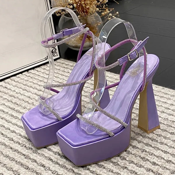 Runway Style Glitter Rhinestones Women Sexy 15cm Sandals Crystal Ankle Strap Super High Heels