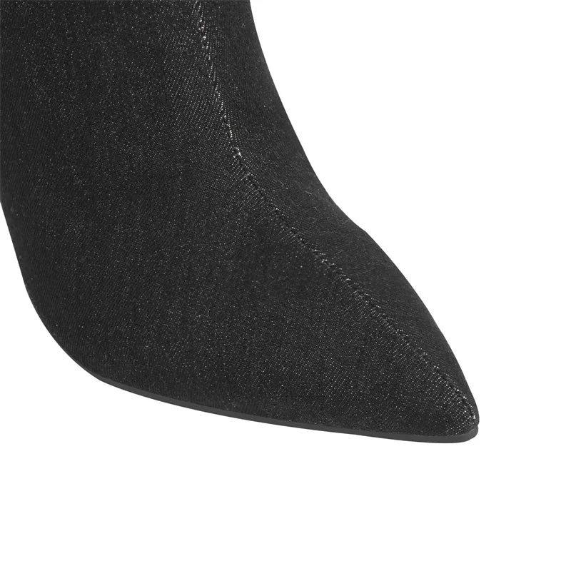 Pointed Toe Denim Knee High Boots Side Zipper Stiletto Fashion Thin Heel Boots