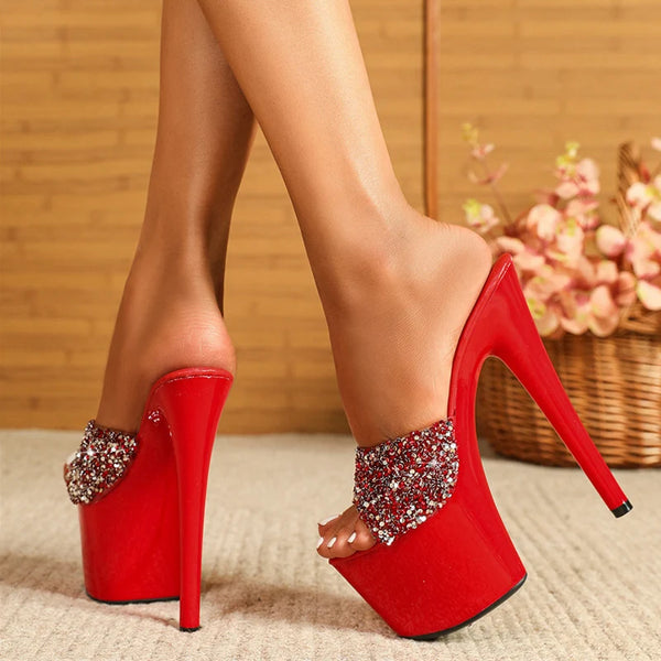 Runway Style Sequined PVC Women's Super High Heels Modern Slippers