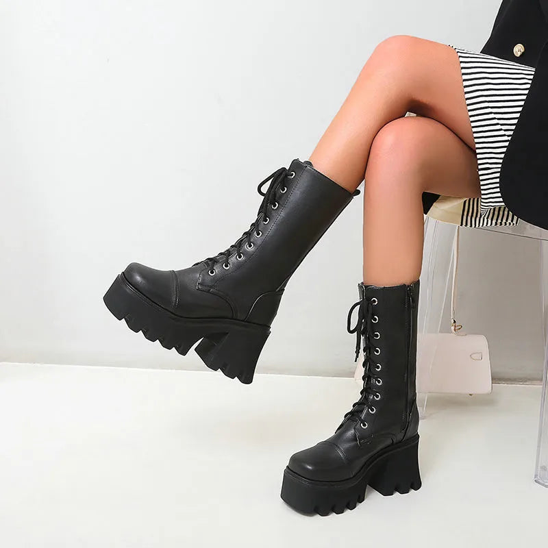 Platform Thick Heel Mid-Calf Boots PU Lace Up Chunky Punk High Heels Black Booties