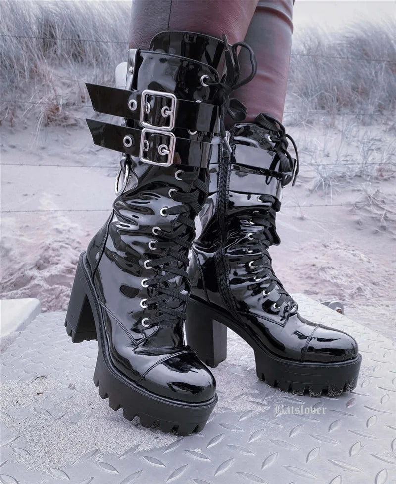 Black Platform Punk Boots Patent Leather Lace Up Mid Calf Chunky High Heels