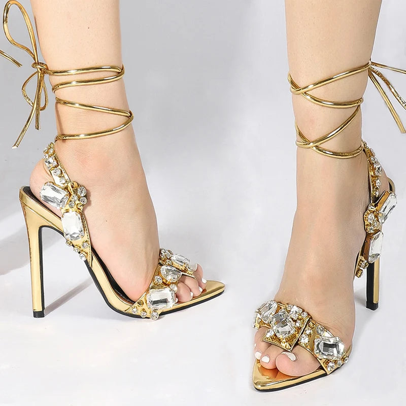 sexy Ankle Strap Golded Sandals Women Party Nightclub Stripper Heels