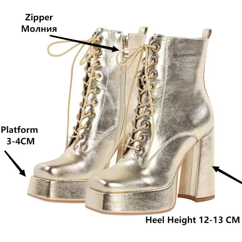 Gold Platform Ankle boots Heels Lace-up Thick High Heel