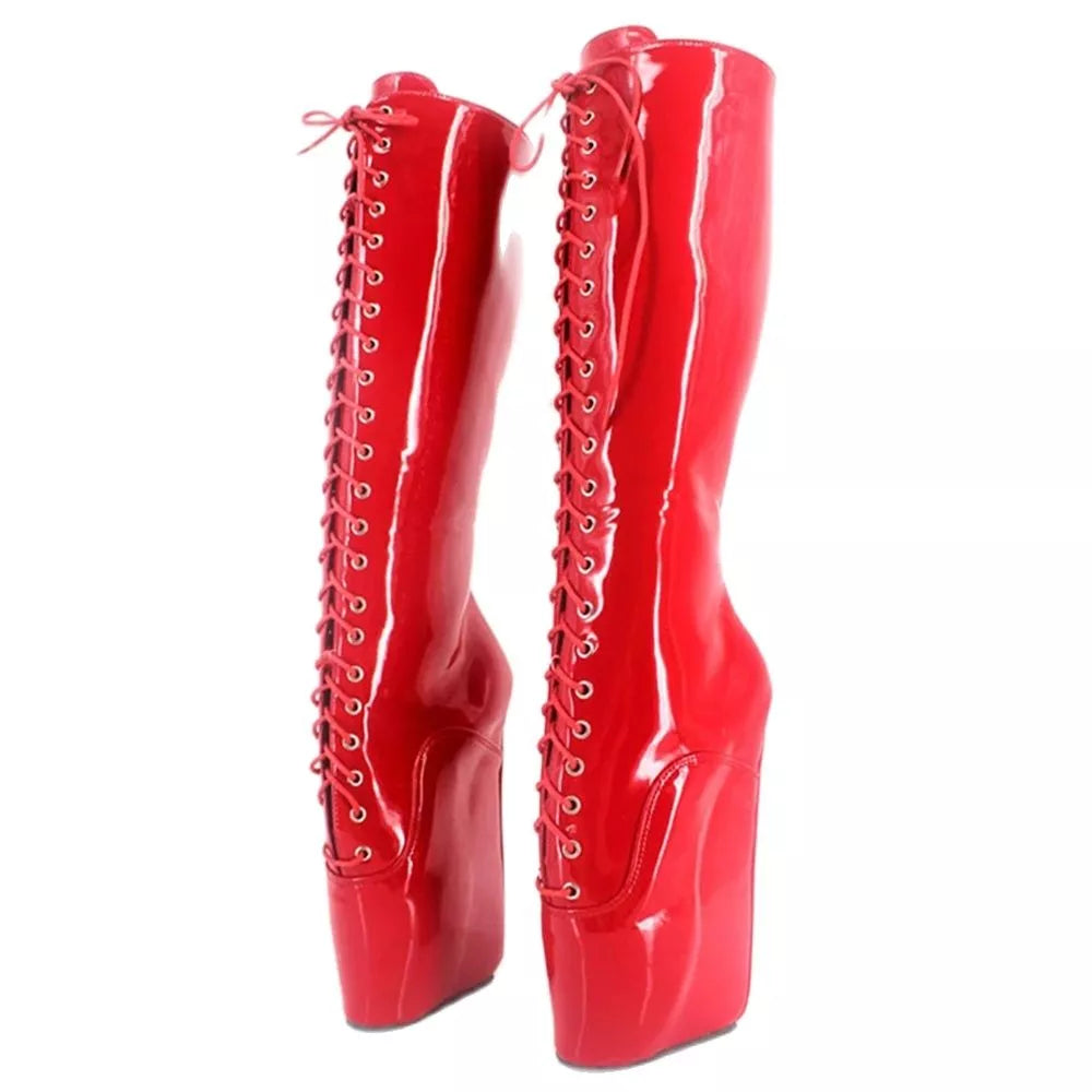 18CM Super High Wedge Heel Hoof Heels Lace-up PU Leather Sexy Knee-High Ballet Boots