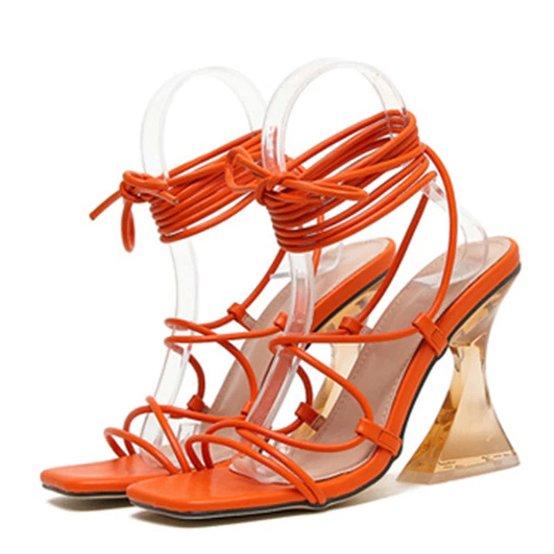 Fashion Orange Cross-Tied Crystal Clear High Heels Summer Women Sandals
