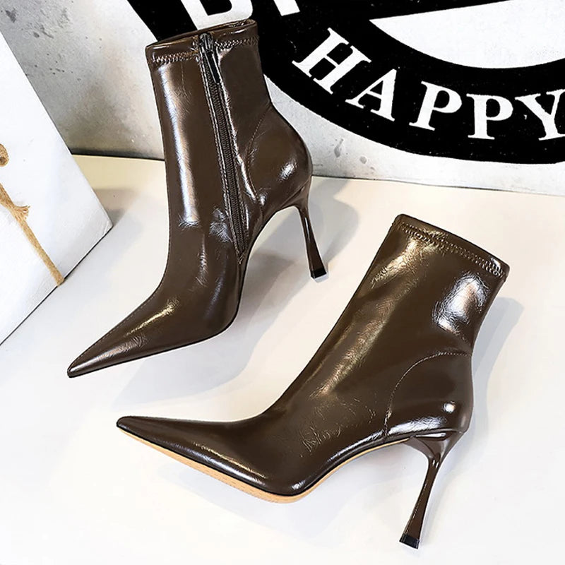 Women Leather Boots Side Zipper High Heel Boots Warm Plush Winter Shoes