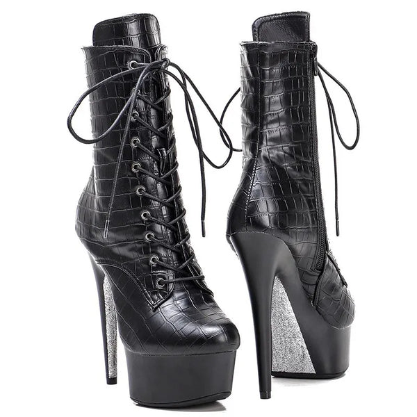 New Black Snake PU Upper 15CM/6Inch Women's Platform Party High Heels Boots