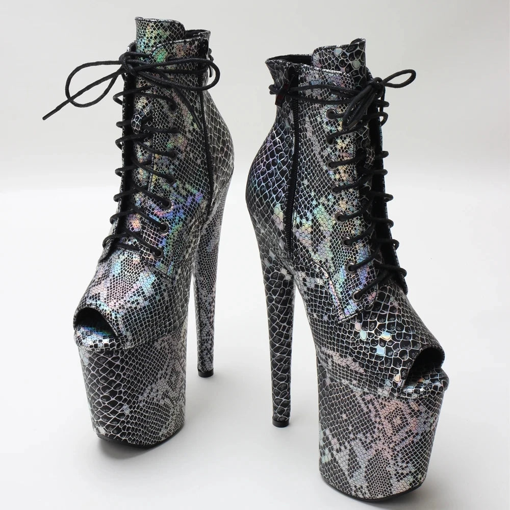 20CM High Heel With Platform Hologtaphic Serpentine Print Peep Toe Sexy Nightclub Ankle Boots